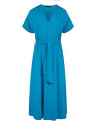 Conquista - Turquoise Jersey Belted Midi Dress - Lyst