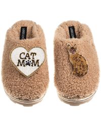 Laines London - Neutrals Teddy Closed Toe Slippers With Cat Mum/Mom & Bengal Cat Brooches - Lyst