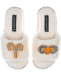 Laines London - Teddy Towelling Slipper Sliders With Aries Zodiac Brooches - Lyst