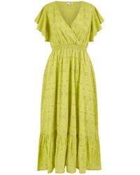 Yumi' - Lime Cotton Broderie Anglaise Wrap Midi Dress - Lyst
