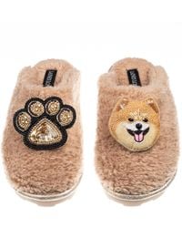 Laines London - Neutrals Teddy Closed Toe Slippers With Teddy The Pomeranian & Paw Brooches - Lyst