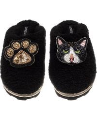 Laines London - Teddy Closed Toe Slippers With Oreo Cat & Paw Brooches - Lyst