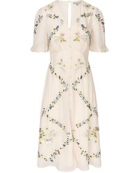 Hope & Ivy - The Astrid Embroidered Button Front Midi Dress With Frill Sleeve - Lyst