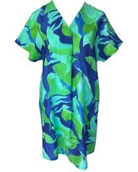Haris Cotton - Printed Linen Notched Neckline Dress With Batwing Sleeve Lagoon - Lyst