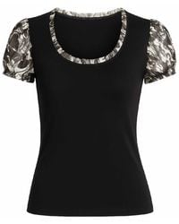 Conquista - Viscose Jersey Top With Printed Puff Sleeves & Ruffled Neckline - Lyst