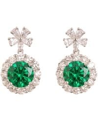 Juvetti - Antoinette Round Emerald & Diamond Halo Pendant Earrings With Flower Bail - Lyst