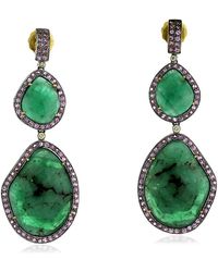 Artisan - 18k Gold & 925 Silver In Emerald With Sapphire Pave Diamond Designer Dangle Earrings - Lyst