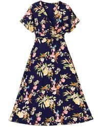 Yumi' - Viscose Floral Print Midi Dress With Ruched Waist - Lyst