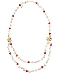 Farra - Freshwater Pearl With Agate And Maple Leaves Charm Long Chain Necklace - Lyst