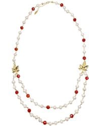 Farra - Freshwater Pearl With Agate And Maple Leaves Charm Long Chain Necklace - Lyst