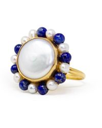 Vintouch Italy - Lotus Gold-plated Pearl And Lapis Ring - Lyst
