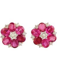 Artisan - Oval Cut Ruby & Diamond Flower Stud Earrings - Lyst