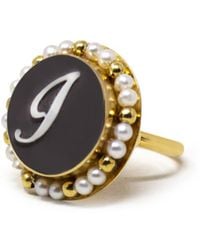 Vintouch Italy - Gold Vermeil Black Cameo Pearl Ring Initial J - Lyst