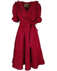 Lalipop Design - Dark Cherry Red Double-breasted V-neck Cotton Dress With Ruffles - Lyst