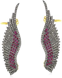 Artisan - Natural Pave Diamond & Ruby Feather Ear Cuff Earrings In 18k Solid Gold 925 Silver - Lyst