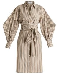 Paisie - Neutrals Striped Volume Sleeve Shirt Dress With Matching Tie Belt - Lyst