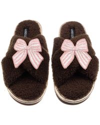 Laines London - Neutrals Laines Neutral Boucle Slippers With Stripe Bow Brooches - Lyst