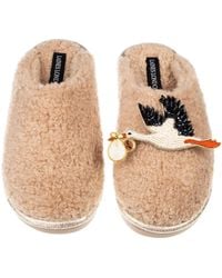 Laines London - Neutrals Toffee Teddy Closed Toe Slippers With New Baby Stork Brooches - Lyst