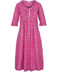 At Last - Cotton Karen 3/4 Sleeve Day Dress In Pink & Green Moroccan - Lyst