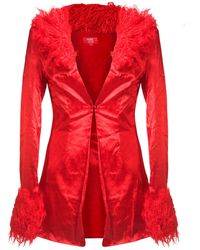 Elsie & Fred - Marla Jacquard Fur Collar Jacket In Blooded Scarlet - Lyst