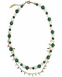 Farra - Boho Chic Malachite With Leaves Shell And Pearls Layered Necklace - Lyst