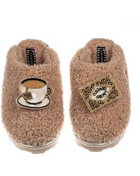 Laines London - Teddy Towelling Closed Toe Slippers With Tea & Biscuit Brooches - Lyst
