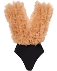 LIA ARAM - Neutrals Signature Ruffled Tulle Bodysuit - Lyst