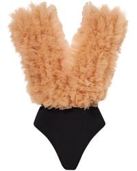 LIA ARAM - Neutrals Signature Ruffled Tulle Bodysuit - Lyst