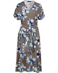 Conquista - Linen Style Floral Print Midi Dress With Belt - Lyst