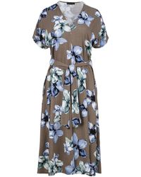 Conquista - Linen Style Floral Print Midi Dress With Belt - Lyst
