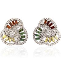 Artisan - 18k Solid Gold With Natural Baguette Colored Diamond Designer Stud Earrings - Lyst