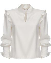 Julia Allert - Neutrals Designer Satin Blouse With Bishop Sleeves And Stand Collar – - Lyst