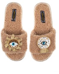 Laines London - Teddy Towelling Slipper Sliders With Mystic Eyes Brooches - Lyst