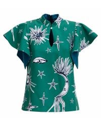 Julia Allert - Stand Collar Ruffle Sleeve Blouse – Celestial Print - Lyst