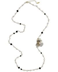 Farra - Freshwater Pearls And Obsidian With Flower Charm Long Necklace - Lyst