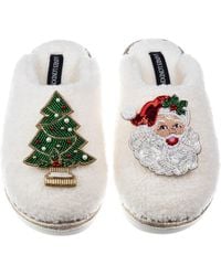Laines London - Neutrals Teddy Closed Toe Slippers With Christmas Tree & Santa Clause Brooches - Lyst
