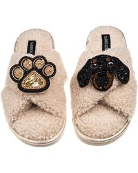 Laines London - Neutrals Laines Neutral Boucle Slippers With Little Sausage The Dachshund & Paw Brooches - Lyst