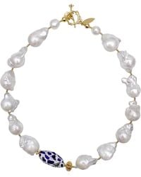 Farra - Baroque Pearls With Rhinestones Bordered Lapis Lazuli Short Necklace - Lyst