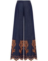 Annabo - Velvet Rose Embroidered Denim Wide-Leg Pants - Lyst