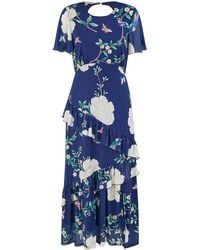 Yumi' - Mesh Bird And Floral Print Midi Dress With Ruffles - Lyst