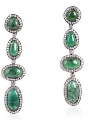 Artisan - Oval Cut Emerald & Pave Diamond In 18k Solid Gold With Silver Long Dangle Earrings - Lyst