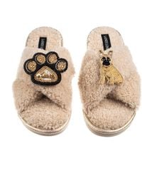Laines London - Neutrals Boucle Slippers With Paw & Fawn Sitting French Bulldog Brooches - Lyst