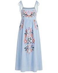 Raffya - Furla Smocked Panel Embroidered Midi Dress - Lyst