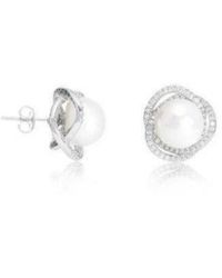 Pearls of the Orient Online - Stella Cultured Freshwater Pearl Stud Earrings With Pave Swirl Surround - Lyst