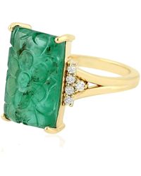 Artisan - Handmade 18k Yellow Gold Flower Carving Emerald Pave Diamond Cocktail Ring Jewelry - Lyst