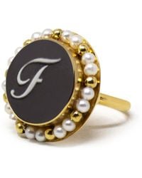 Vintouch Italy - Gold Vermeil Black Cameo Pearl Ring Initial F - Lyst
