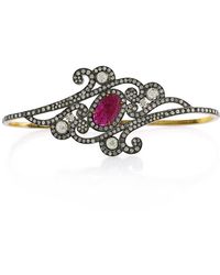 Artisan - Oval Cut Ruby & Pave Diamond In 18k Gold With Silver Beautiful Palm Bracelet - Lyst