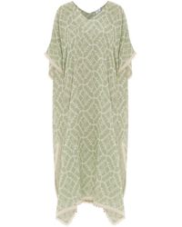 Haris Cotton - Embroidered V Neck Linen Blend Dress With Split Hem - Lyst