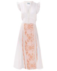 Haris Cotton - Lace Insert Linen Dress With Embroidered Cotton Details And Split Hem Orange - Lyst