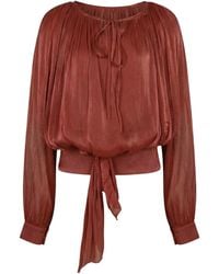 Modenaire - Gathered Tie-Neck Blouse With Blouson Silhouette And Waist Tie - Lyst